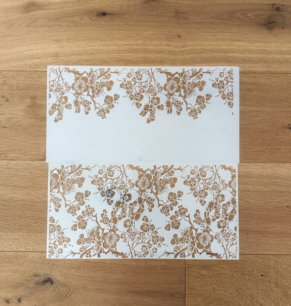 Jardin de Chinoiserie botanical cake stencil set featuring flowering branches, delicate blossoms and coordinating border and all-over patterns.