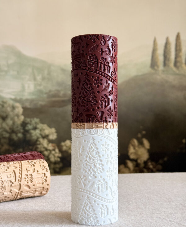 Choo Choo Christmas embossing rolling pin — a merry train winding through nutcrackers, gifts, snowflakes and holly