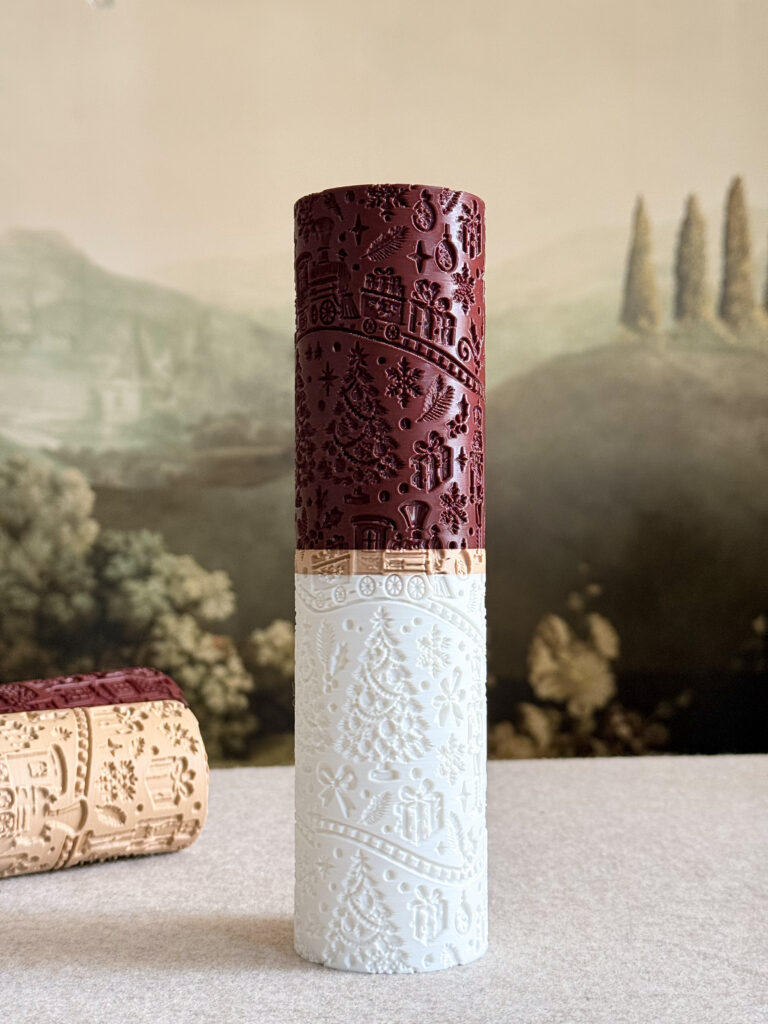 Choo Choo Christmas embossing rolling pin — a merry train winding through nutcrackers, gifts, snowflakes and holly