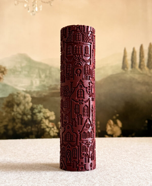 Christmas Village embossing rolling pin — storybook shopfronts, wreaths, street lamps and snow-dusted trees