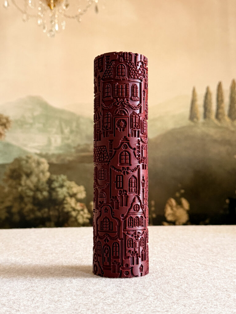 Christmas Village embossing rolling pin — storybook shopfronts, wreaths, street lamps and snow-dusted trees